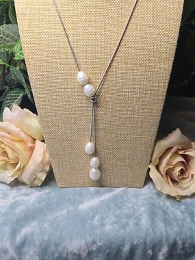 Chico's Faux Pearl Silver Tone Lariat Necklace